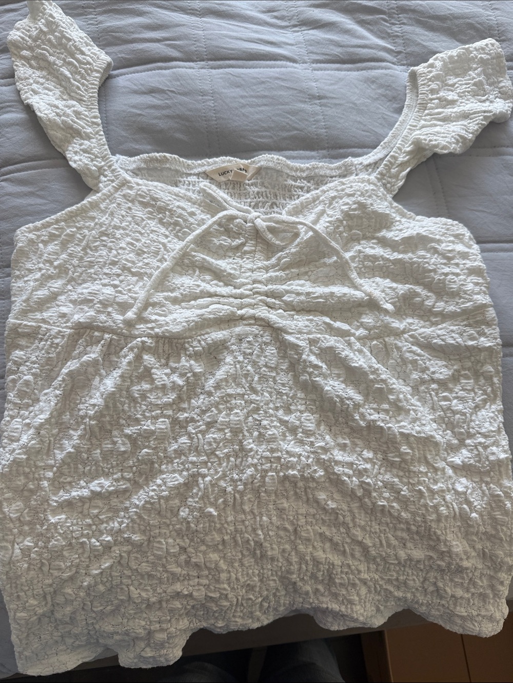 Lucky Brand White Smocked Tie-Front Tank